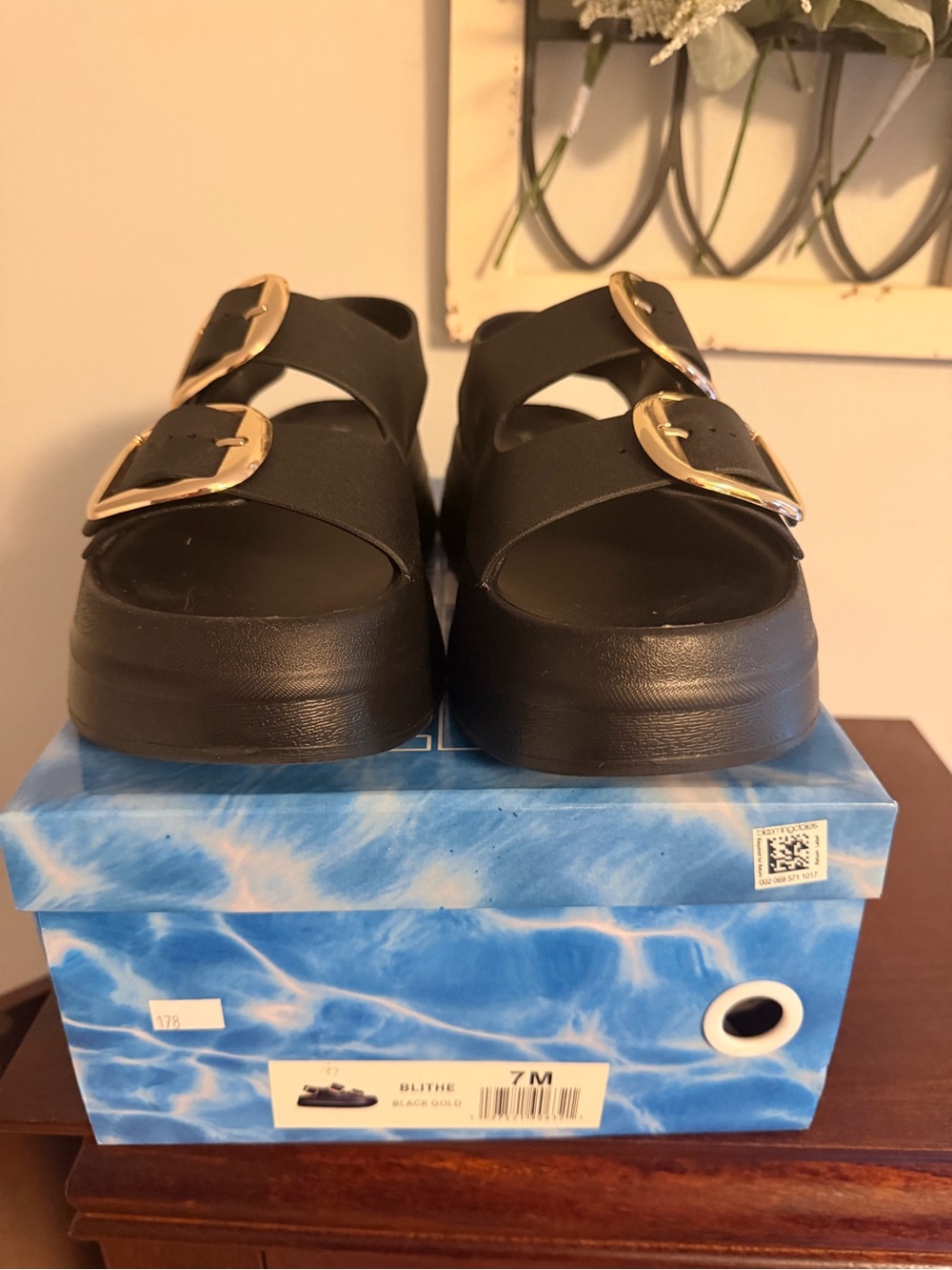 Jeffrey Campbell Black Platform Sandals with Gold Buckles - Picture 1 of 7